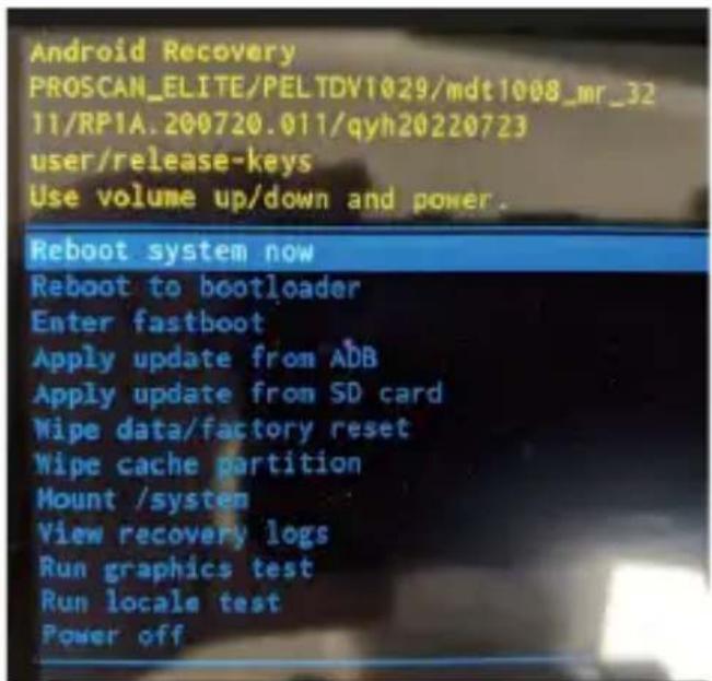Android Recovery PROSCAN_ELITE/PELTDV1029/mdt1008_mr_32 11/RPIA.200720.011/qyh20220723 user/release-keys Use volume up/down and power. Reboot system now Reboot to bootloader Enter fastboot Apply update from ADB Apply update from SD card Wipe data/factory reset Wipe cache partition Mount /system View recovery logs Run graphics test Run locale test Power off