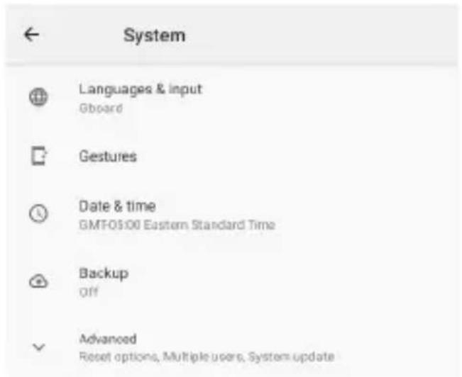 ← System Languages & input Gboard Gestures Date & time GMT-05:00 Eastern Standard Time Backup Off Advanced Reset options, Multiple users, System update