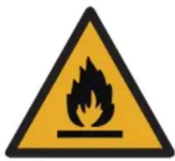 Warning sign depicting a flame symbol in yellow and black on white background