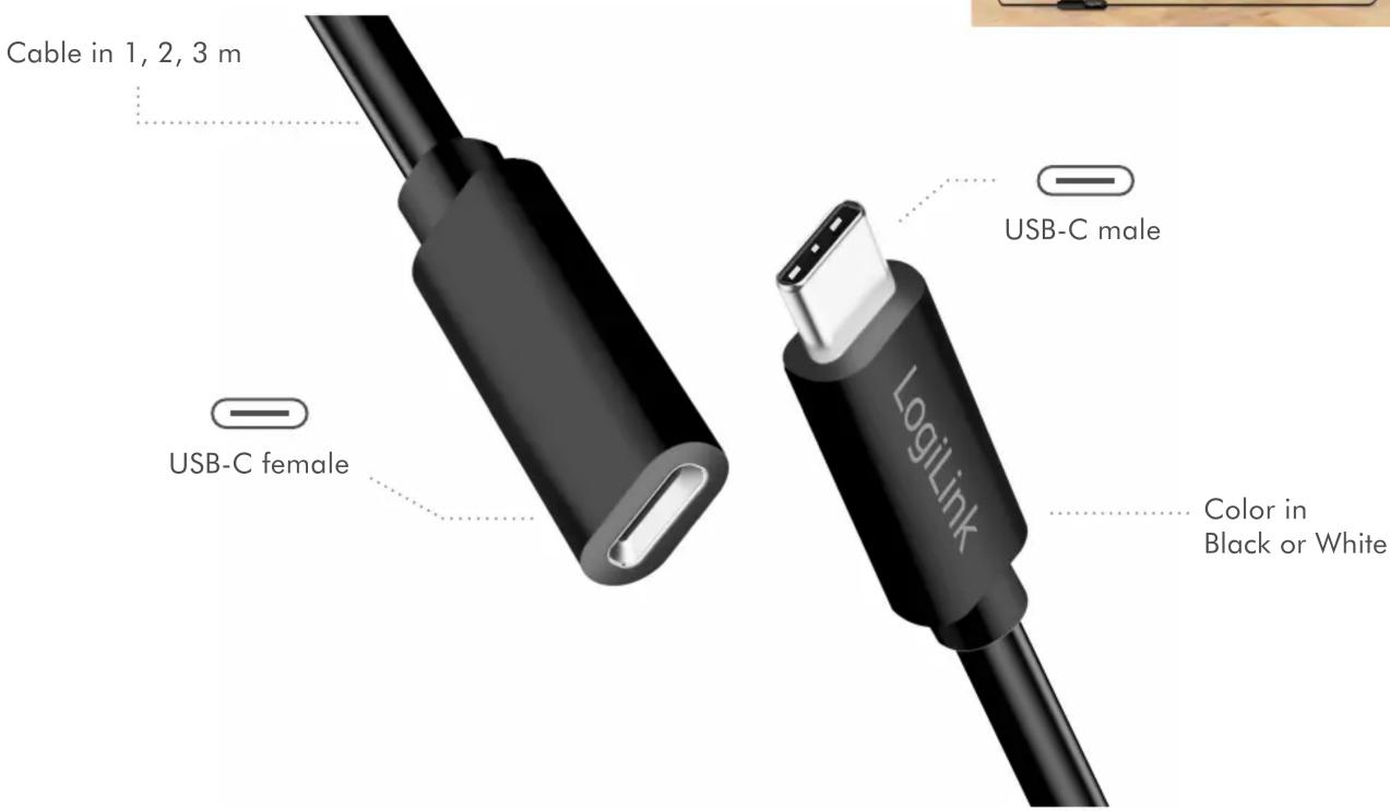 Cable in 1, 2, 3 m USB-C female USB-C male LogiLink Color in Black or White