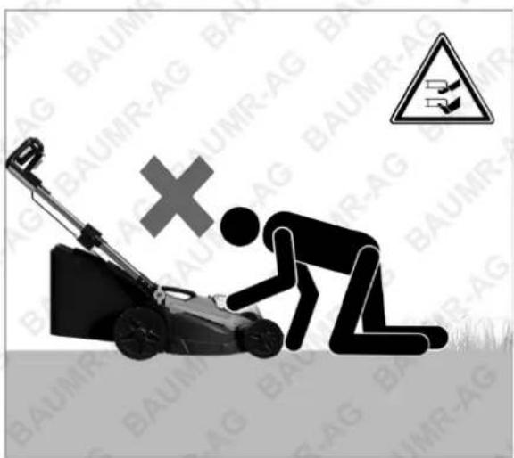 Safety warning illustration showing a person using a lawn mower with a cross symbol and warning sign