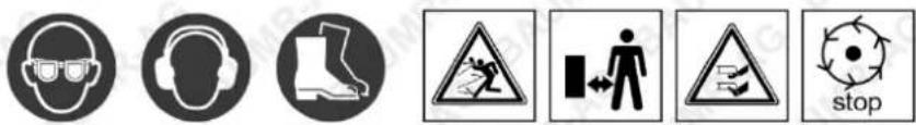 Safety warning symbols including helmet, seatbelt, hazard zone, walking person, traffic sign, and stop