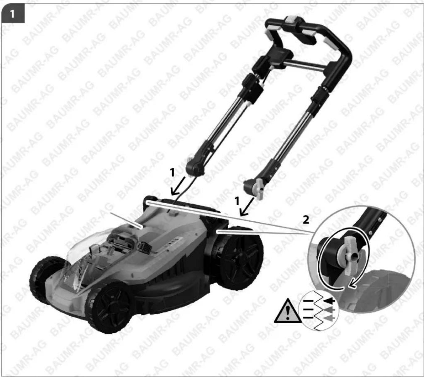 Diagram of a lawn mower with labeled parts and warning symbols, showing mechanical components and safety warnings.