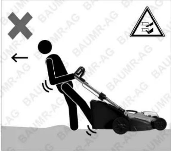 Safety warning illustration showing a person using a lawn mower with a cross symbol and hazard sign