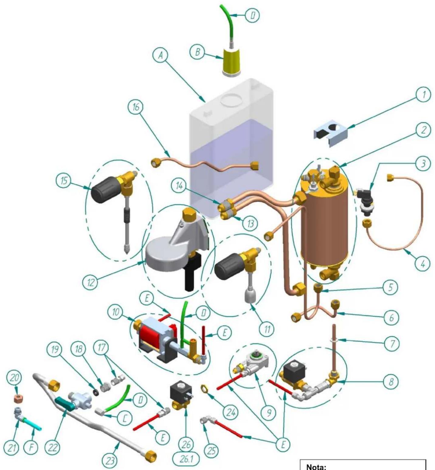 Exploded view diagram of a mechanical assembly with numbered components and labeled parts