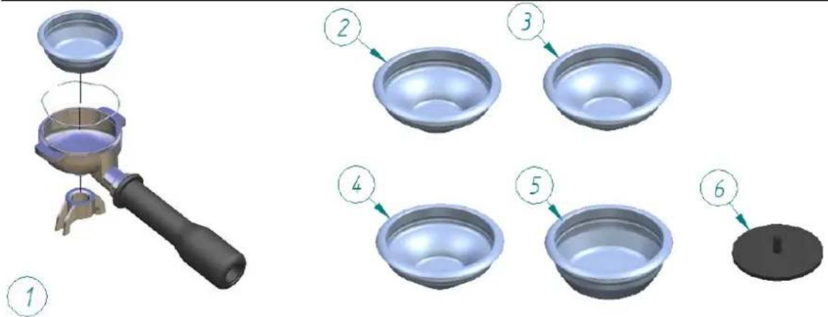 Technical diagram showing a mechanical device with labeled parts and a 3D model of a bowl assembly.