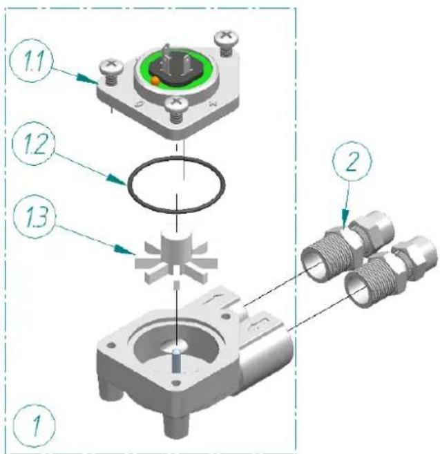 Technical diagram showing assembly steps of a mechanical component with numbered parts and labeled parts.