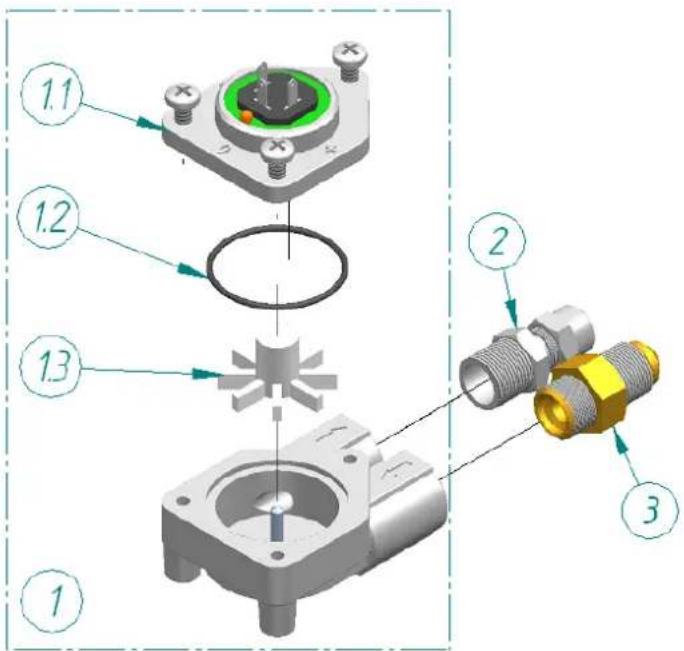 Technical diagram of a mechanical assembly with numbered components, showing exploded and assembled views of a component.