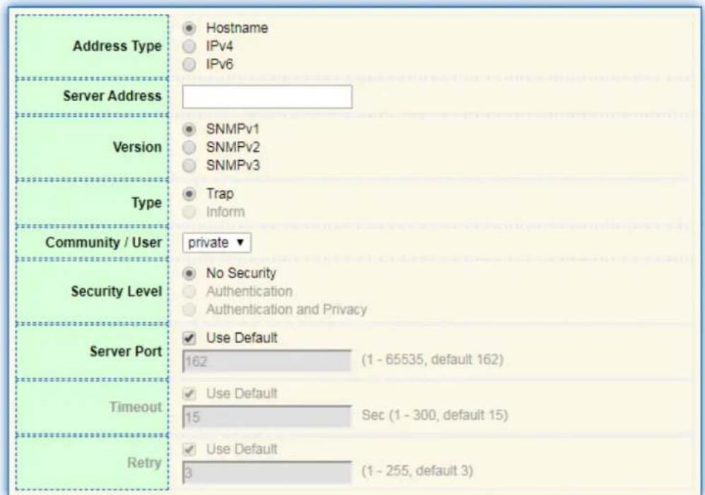 Address Type Hostname IPv4 IPv6 Server Address SNMPv1 SNMPv2 SNMPv3 Version Type Trap Inform Community / User private ▼ Security Level No Security Authentication Authentication and Privacy Server Port Use Default 162 (1 - 65535, default 162) Timeout Use Default 15 Sec (1 - 300, default 15) Retry Use…