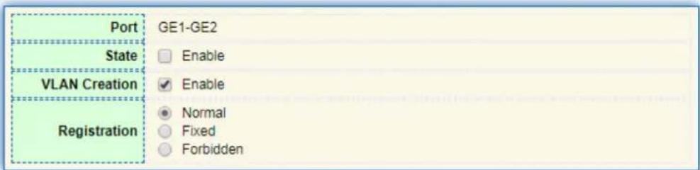 Port GE1-GE2 State Enable VLAN Creation Enable Registration Normal Fixed Forbidden