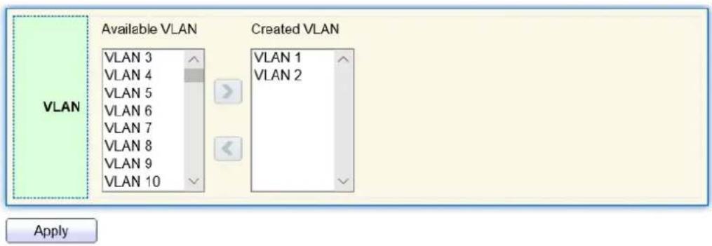 VLAN Available VLAN VLAN 3 VLAN 4 VLAN 5 VLAN 6 VLAN 7 VLAN 8 VLAN 9 VLAN 10 Created VLAN VLAN 1 VLAN 2 Apply