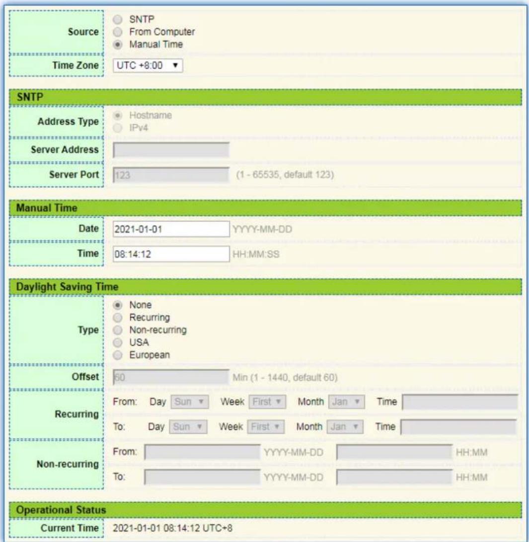 Source Time Zone SNTP From Computer Manual Time UTC +8:00 SNTP Address Type Hostname IPv4 Server Address Server Port 123 (1 - 65535, default 123) Manual Time Date 2021-01-01 YYYY-MM-DD Time 08:14:12 HH:MM:SS Daylight Saving Time Type None Recurring Non-recurring USA European Offset 60 Min (1 - 1440,…