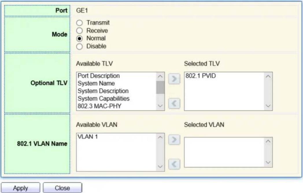 Port GE1 Mode ○ Transmit ○ Receive ● Normal ○ Disable Optional TLV Available TLV Selected TLV Port Description System Name System Description System Capabilities 802.3 MAC-PHY 802.1 PVID 802.1 VLAN Name Available VLAN Selected VLAN VLAN 1 Apply Close