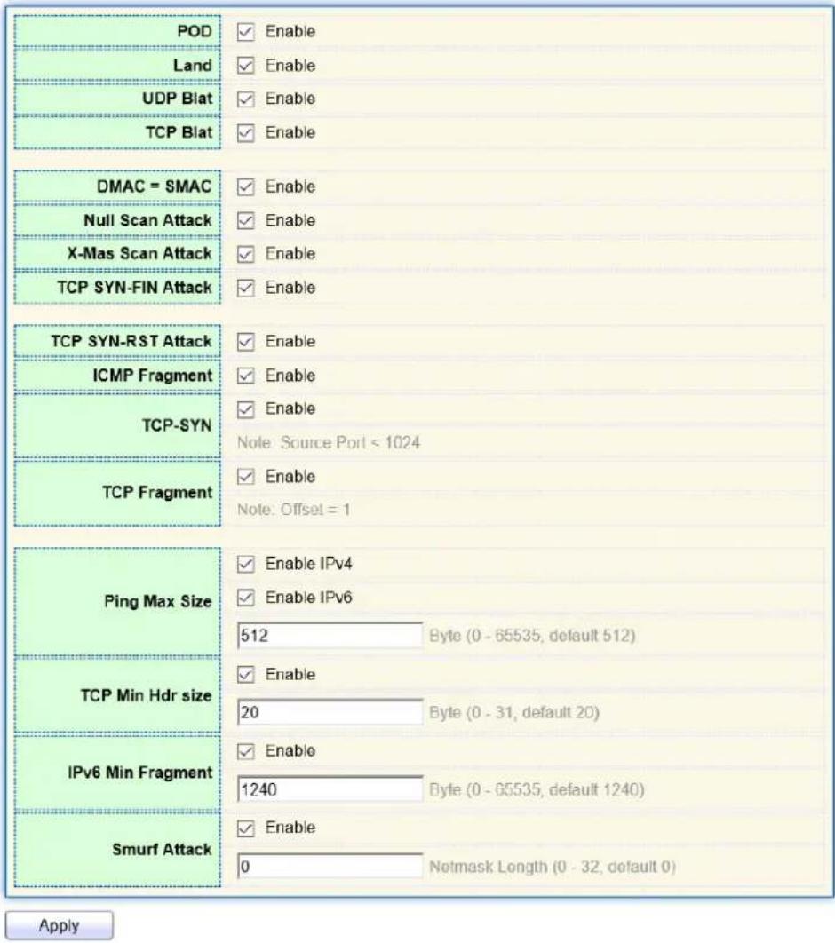 POD Enable Land Enable UDP Blat Enable TCP Blat Enable DMAC = SMAC Enable Null Scan Attack Enable X-Mas Scan Attack Enable TCP SYN-FIN Attack Enable TCP SYN-RST Attack Enable ICMP Fragment Enable TCP-SYN Enable Note: Source Port < 1024 TCP Fragment Enable Note: Offset = 1 Ping Max Size Enable IPv4 E…