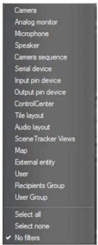 Camera Analog monitor Microphone Speaker Camera sequence Serial device Input pin device Output pin device ControlCenter Tile layout Audio layout SceneTracker Views Map External entity User Recipients Group User Group Select all Select none ✓ No filters