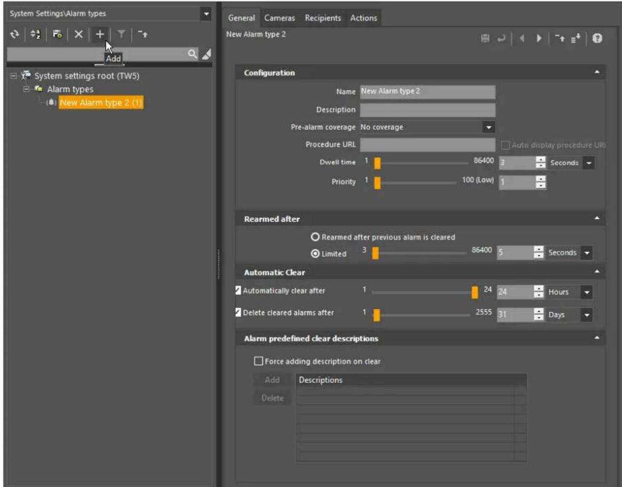 System Settings\Alarm types Add System settings root (TW5) Alarm types New Alarm type 2 (1) General Cameras Recipients Actions New Alarm type 2 Configuration Name New Alarm type 2 Description Pre-alarm coverage No coverage Procedure URL Auto display procedure URL Dwell time 1 86400 3 Seconds Priority 1 100 (Low) 1 Rearmed after Rearmed after previous alarm is cleared Limited 3 86400 5 Seconds Automatic Clear Automatically clear after 1 24 24 Hours Delete cleared alarms after 1 2555 31 Days Alarm predefined clear descriptions Force adding description on clear Add Descriptions Delete