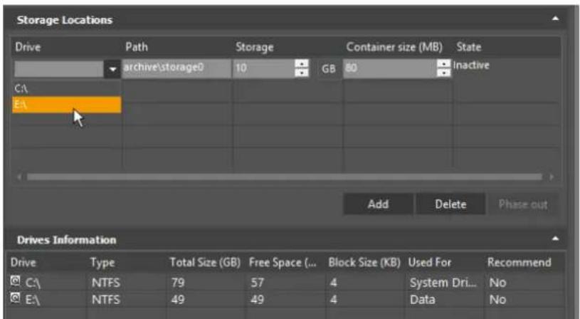 Storage Locations Drive Path Storage Container size (MB) State archive\storage0 10 GB 80 Inactive CA EA Add Delete Phase out Drives Information Drive Type Total Size (GB) Free Space (... Block Size (KB) Used For Recommend C:\ NTFS 79 57 4 System Dri... No EA\ NTFS 49 49 4 Data No