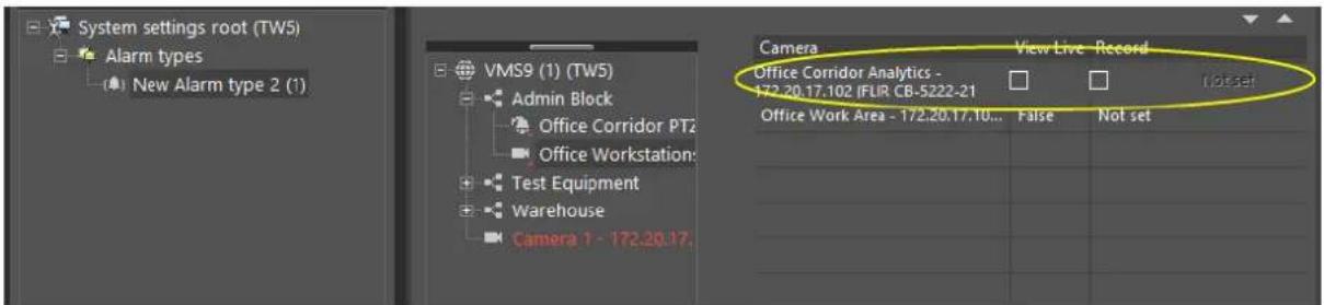 System settings root (TW5) Alarm types New Alarm type 2 (1) VMS9 (1) (TW5) Admin Block Office Corridor PT2 Office Workstation Test Equipment Warehouse Camera 1 - 172.20.17. Camera View Live Record Office Corridor Analytics - 172.20.17.102 IFLIR CB-5222-21 Office Work Area - 172.20.17.10... False Not set