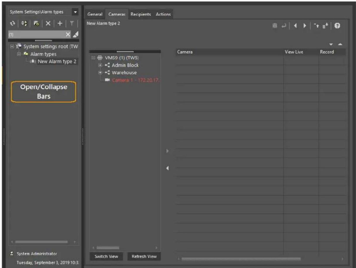 System Settings\Alarm types General Cameras Recipients Actions System settings root (TW) Alarm types New Alarm type 2 Open/Collapse Bars VMS9 (1) (TW5) Admin Block Warehouse Camera 1 - 172.20.17. Switch View Refresh View Camera View Live Record