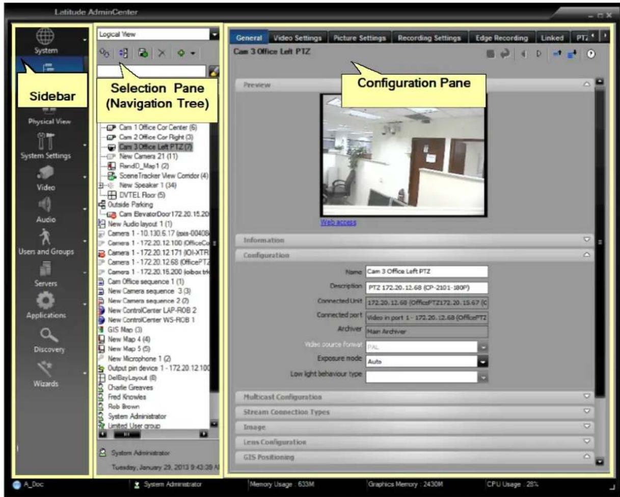 Latitude AdminCenter Logical View General Video Settings Picture Settings Recording Settings Edge Recording Linked PTZ Camera 3 Office Left PTZ Selection Pane (Navigation Tree) Preview Configuration Pane Web access Information Configuration Name Cam 3 Office Left PTZ Description PTZ 172.20..12.68 (CP-2101-180P) Connected Unit 172.20..12.68 (OfficePTZ172.20..15.67 (C) Connected port Video in port 1- 172.20..12.68 (OfficePTZ Archiver Main Archiver Video source format PAL Exposure mode Auto Low light behaviour type Multicast Configuration Stream Connection Types Image Lens Configuration GIS Positioning A_Doc System Administrator Memory Usage : 633M Graphics Memory : 2430M CPU Usage : 28%