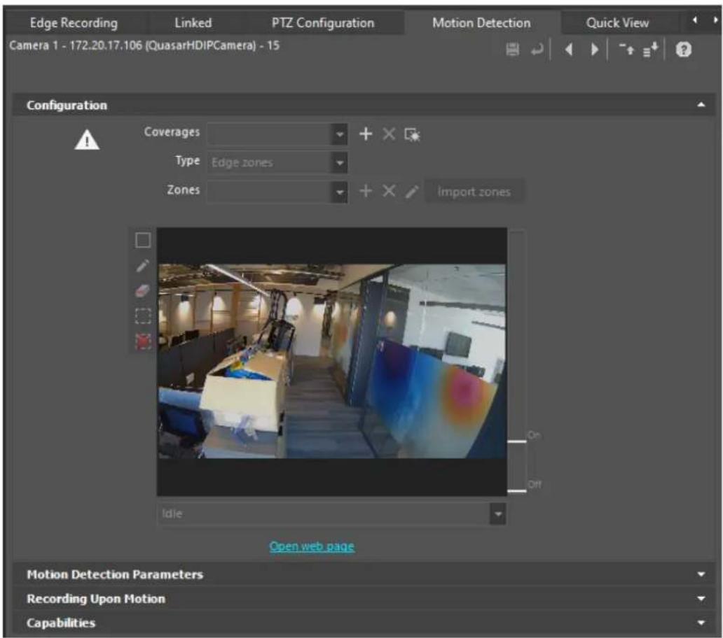 Edge Recording Linked PTZ Configuration Motion Detection Quick View Camera 1 - 172.20.17.106 (QuasarHDIPCamera) - 15 Configuration Coverages Type Edge zones Zones Import zones Idle Open web page Motion Detection Parameters Recording Upon Motion Capabilities