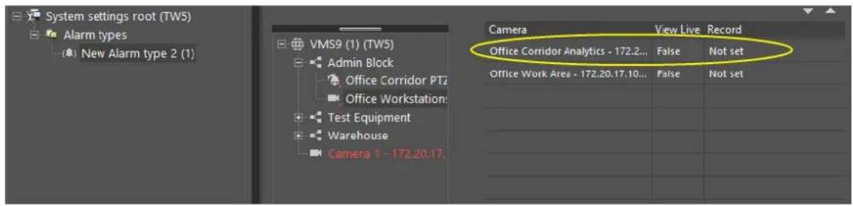 System settings root (TW5) Alarm types New Alarm type 2 (1) VMS9 (1) (TW5) Admin Block Office Corridor PT2 Office Workstation Test Equipment Warehouse Camera 1 - 172.20.17. Camera View Live Record Office Corridor Analytics - 172.2... False Not set Office Work Area - 172.20.17.10... False Not set