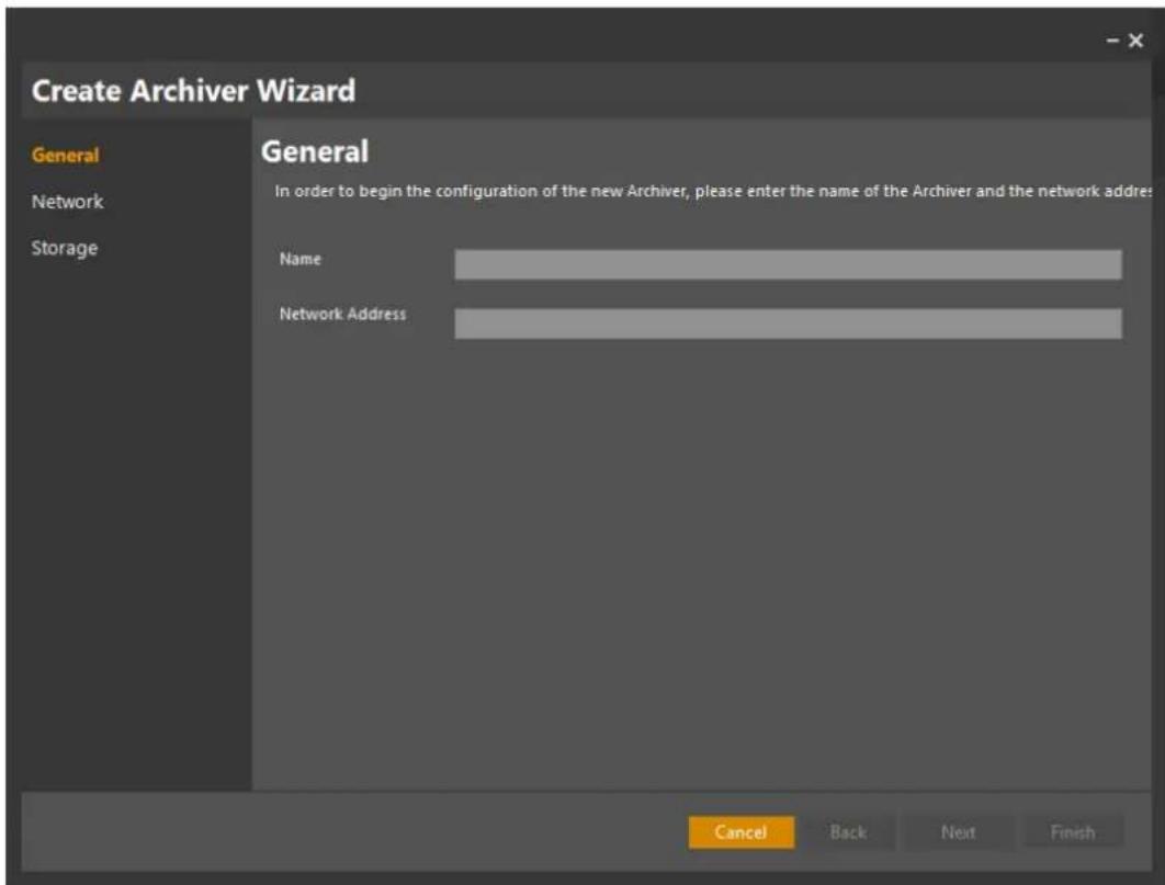 Create Archiver Wizard General Network Storage General In order to begin the configuration of the new Archiver, please enter the name of the Archiver and the network address Name Network Address Cancel Back Next Finish