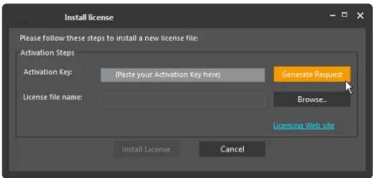 Install license Please follow these steps to install a new license file: Activation Steps Activation Key: (Paste your Activation Key here) License file name: Generate Request Browse.. Licensing Web site Install License Cancel