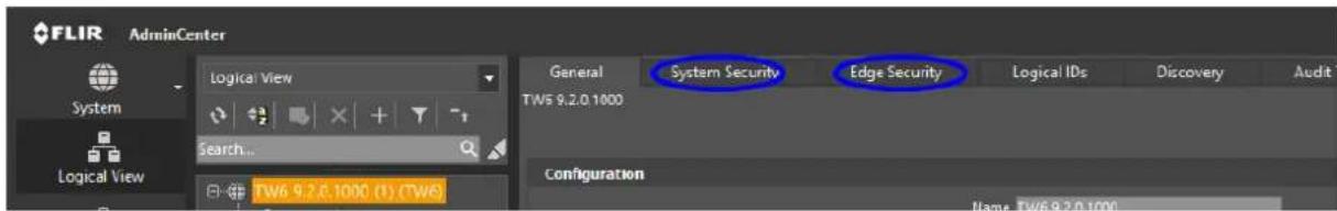 FLIR AdminCenter Logical View General System Security Edge Security Logical IDs Discovery Audit T.W5 9.2.0.1000 Configuration Name: TW6 9.2.0.1000