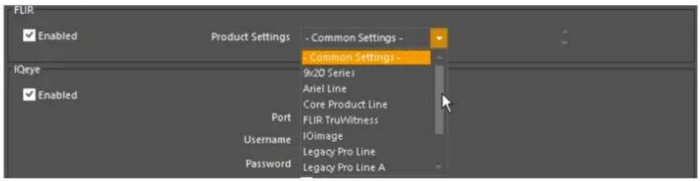 FLIR Enabled Product Settings - Common Settings - Common Settings - 9x20 Series Ariel Line Core Product Line Port FLIR TruWitness Username IOimage Legacy Pro Line Password Legacy Pro Line A