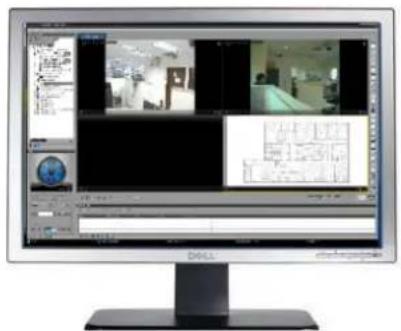 Computer monitor displaying a dual-camera security interface with multiple video and image overlays, including UI elements like 'DALL' and grid layouts.
