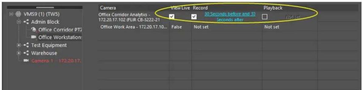 VMS9 (1) (TW5) Admin Block Office Corridor PT2 Office Workstation: Test Equipment Warehouse Camera 1 - 172.20.17. Camera View Live Record Playback Office Corridor Analytics - 172.20.17.102 (FLIR CB-5222-21) ✓ ✓ 30 Seconds before and 30 Seconds after ✓ Not set Office Work Area - 172.20.17.10... False Not set Not set