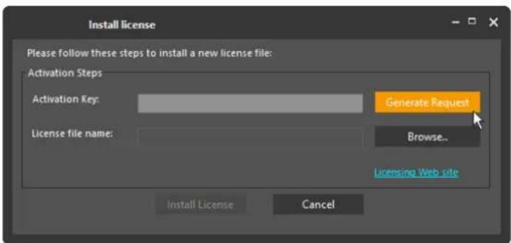 Install license Please follow these steps to install a new license file: Activation Steps Activation Key: Generate Request License file name: Browse.. Licensing Web site Install License Cancel