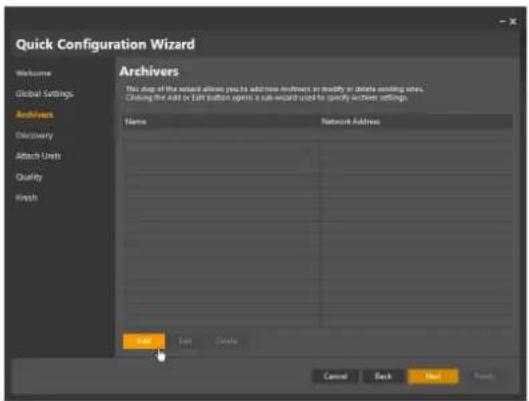 Quick Configuration Wizard Archivers This step of the award allows you to address archives or modify or delete existing sites. Clearing the copy or EAT button opens a sub-award need for specify archives settings. Name Network Address Name Attach Units Quality Finish Save Find Cancel Cancel Back Help Finish