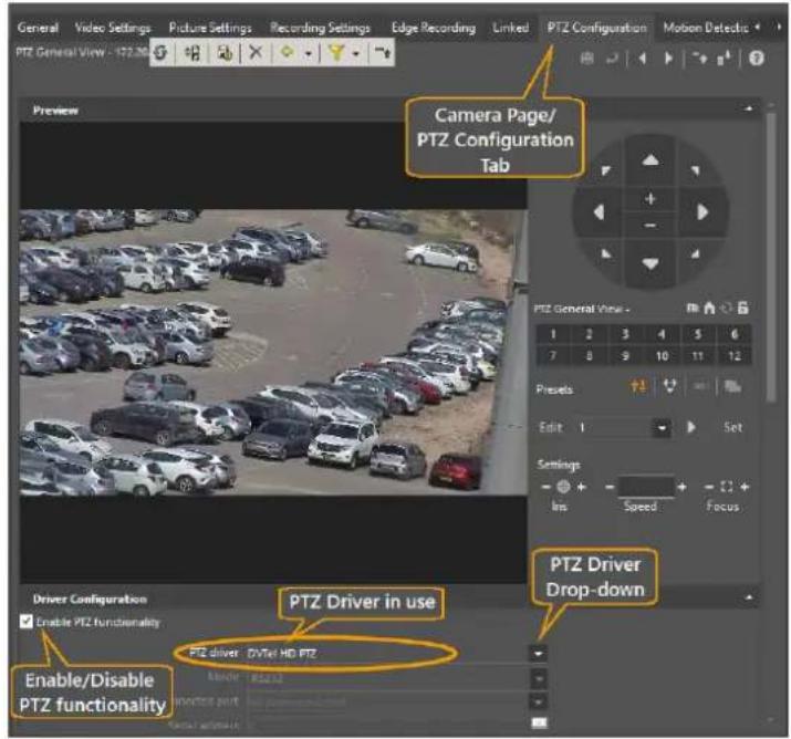 General Video Settings Picture Settings Recording Settings Edge Recording Linked PTZ General View - 172.30 PTZ General View Camera Page/ PTZ Configuration Tab PTZ General View - 1 2 3 4 5 6 7 8 9 10 11 12 Presets Edit 1 Set Settings Ins Speed Focus PTZ Driver Drop-down Driver Configuration Enable PTZ functionality PTZ Driver DVTel HD PTZ Enable/Disable PTZ functionality Monitor PSX32 in concert port in powertrain