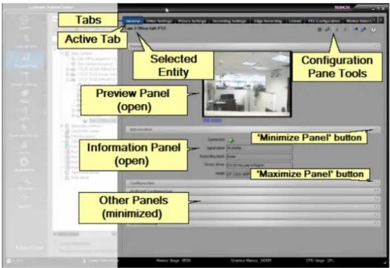 Tabs Active Tab Selected Entity Configuration Pane Tools Preview Panel (open) Information Panel (open) "Minimize Panel" button "Maximize Panel" button Other Panels (minimized)