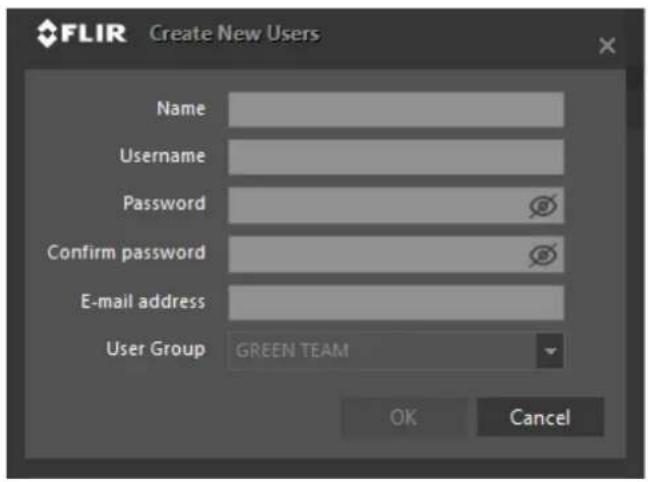 FLIR Create New Users Name Username Password Confirm password E-mail address User Group GREEN TEAM OK Cancel