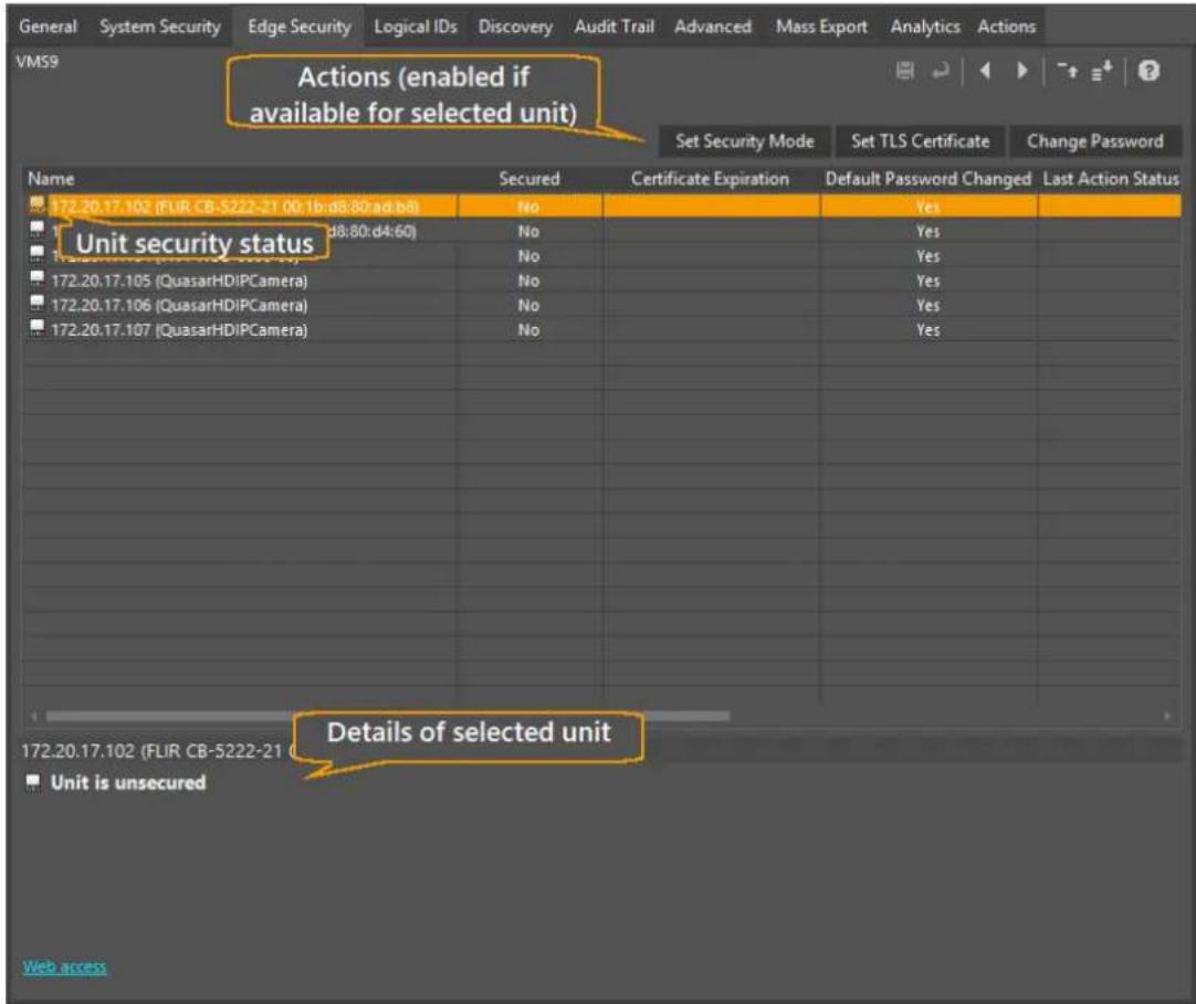 General System Security Edge Security Logical IDs Discovery Audit Trail Advanced Mass Export Analytics Actions VMS9 Actions (enabled if available for selected unit) Set Security Mode Set TLS Certificate Change Password Name Secured Certificate Expiration Default Password Changed Last Action Status 172.20.17.102 (FLIR CB-5222-21 00:1b:d8:80:ad:b8) No Yes Unit security status d8:80:d4:60) No Yes 172.20.17.105 (QuasarHDIPCamera) No Yes 172.20.17.106 (QuasarHDIPCamera) No Yes 172.20.17.107 (QuasarHDIPCamera) No Yes Details of selected unit 172.20.17.102 (FLIR CB-5222-21 00:1b:d8:80:ad:b8) No Yes Unit is unsecured Web access