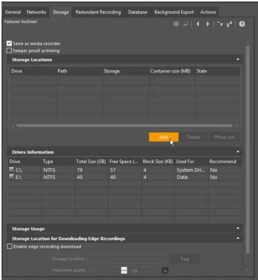 General Networks Storage Redundant Recording Database Background Export Actions Failover Archiver ✓ Serve as media recorder □ Tamper proof archiving Storage Locations Drive Path Storage Container size (MB) State Add Delete Phase out Drives Information Drive Type Total Size (GB) Free Space (... Block Size (KB) Used For Recommend C\ NTFS 79 57 4 System Dri... No E\ NTFS 49 49 4 Data No Storage Usage Storage Location for Downloading Edge Recordings Enable edge recording download Storage location Test Maximum quota GB