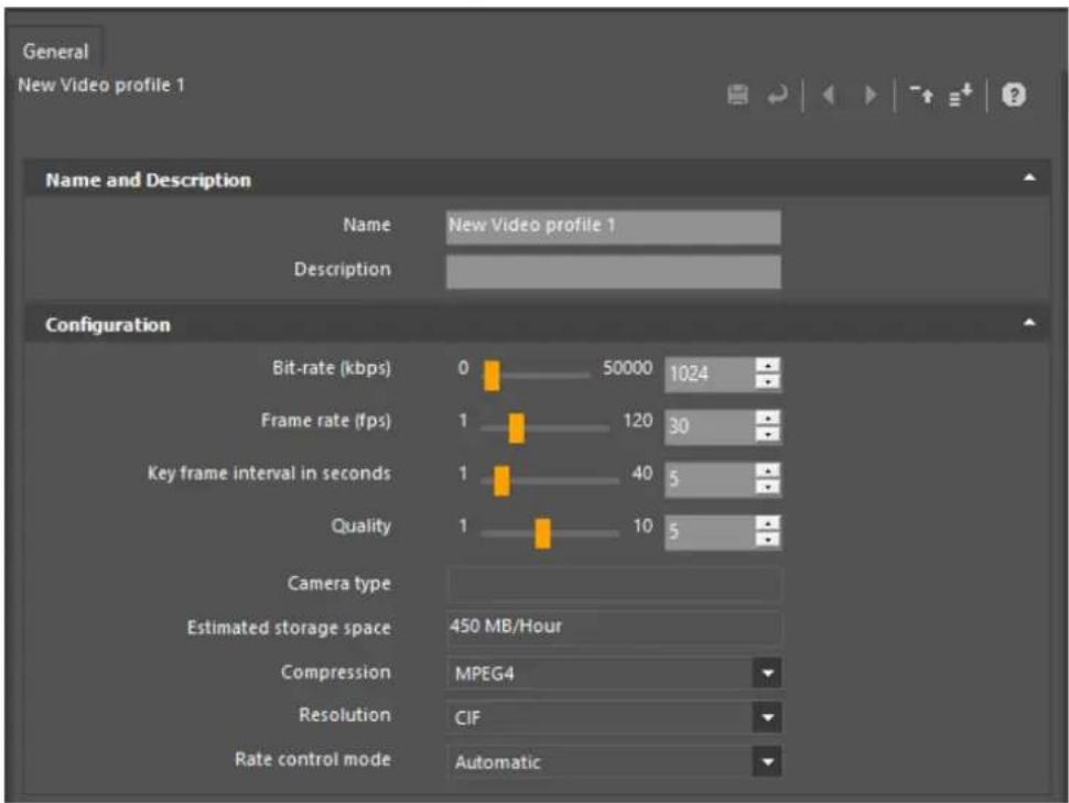 General New Video profile 1 Name and Description Name New Video profile 1 Description Configuration Bit-rate (kbps) 0 50000 1024 Frame rate (fps) 1 120 30 Key frame interval in seconds 1 40 5 Quality 1 10 5 Camera type Estimated storage space 450 MB/Hour Compression MPEG4 Resolution CIF Rate control mode Automatic