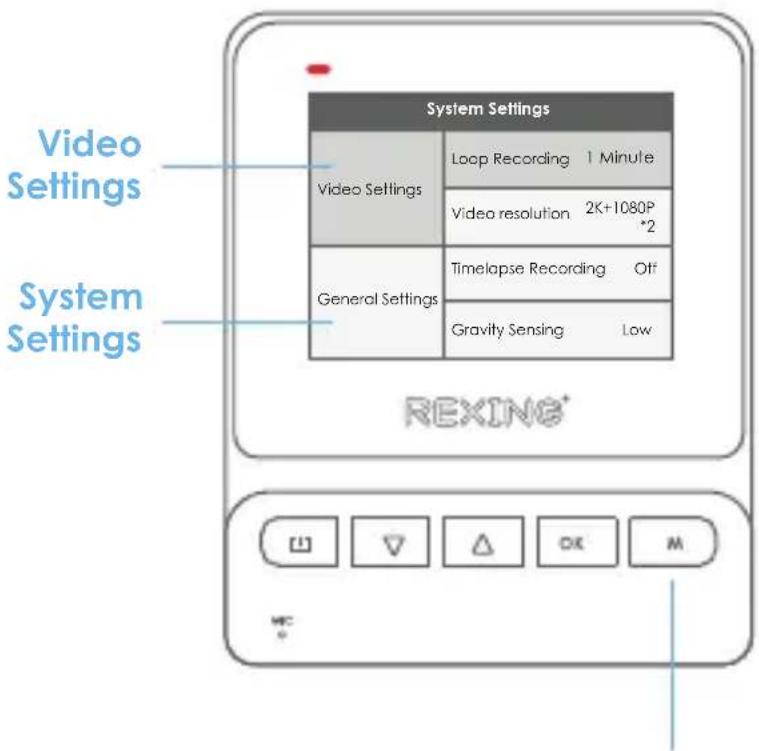 Video Settings System Settings System Settings Video Settings Loop Recording 1 Minute Video resolution 2K+1080P *2 General Settings Timelapse Recording Off Gravity Sensing Low REXING*