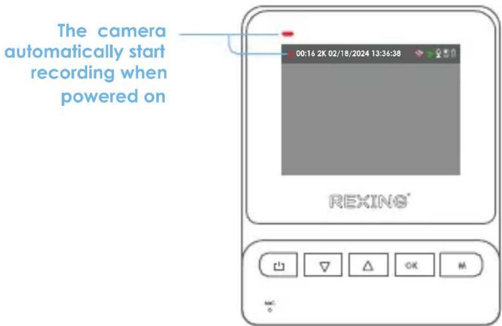 The camera automatically start recording when powered on 00:16 2K 02/18/2024 13:36:38 REXING®