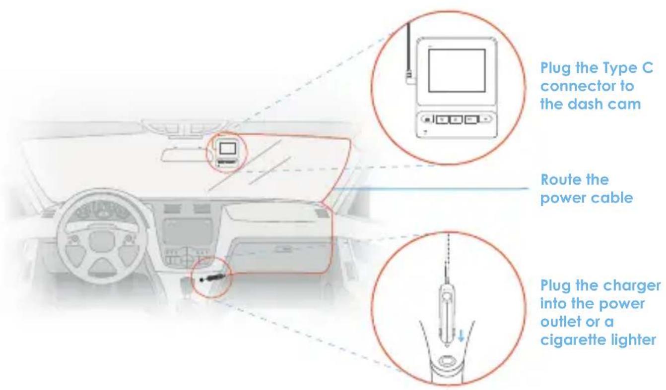 Plug the Type C connector to the dash cam Route the power cable Plug the charger into the power outlet or a cigarette lighter