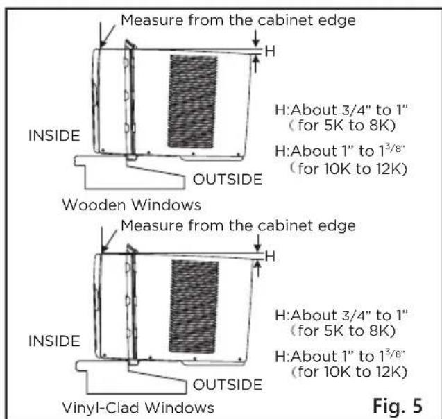 Measure from the cabinet edge INSIDE OUTSIDE Wooden Windows Measure from the cabinet edge INSIDE OUTSIDE Vinyl-Clad Windows H:About 3/4" to 1" (for 5K to 8K) H:About 1" to 1³/8" (for 10K to 12K) H:About 3/4" to 1" (for 5K to 8K) H:About 1" to 1³/8" (for 10K to 12K) Fig. 5