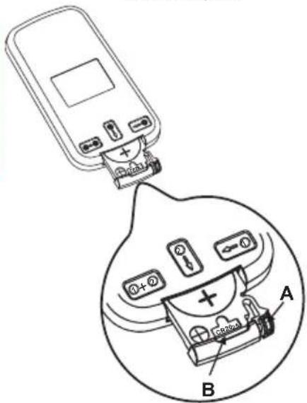 Diagram showing a battery charger connected to a device with labeled components A and B, including battery symbols and a plus sign.