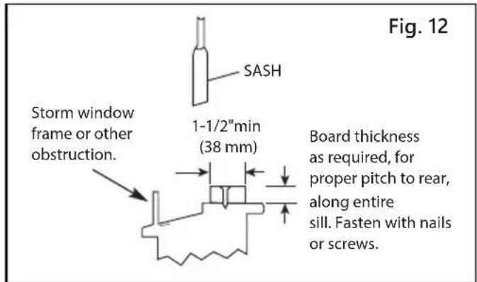 Figure 12 SASH Storm window frame or other obstruction. 1-1/2"min (38 mm) Board thickness as required, for proper pitch to rear, along entire sill. Fasten with nails or screws.