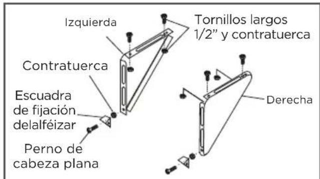 Izquierda Contratuerca Escuadra de fijación delalféizar Perno de cabeza plana Tornillos largos 1/2" y contratuerca Derecha