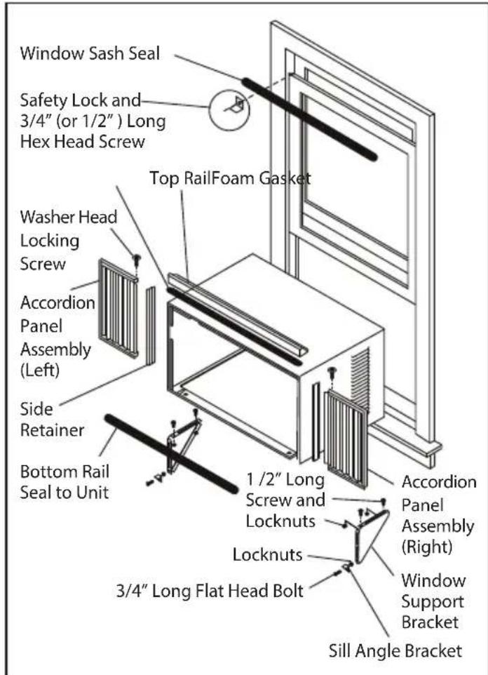 Window Sash Seal Safety Lock and 3/4" (or 1/2") Long Hex Head Screw Top RailFoam Gasket Washer Head Locking Screw Accordion Panel Assembly (Left) Side Retainer Bottom Rail Seal to Unit 1/2" Long Screw and Locknuts 3/4" Long Flat Head Bolt Accordion Panel Assembly (Right) Locknuts Window Support Bracket Sill Angle Bracket