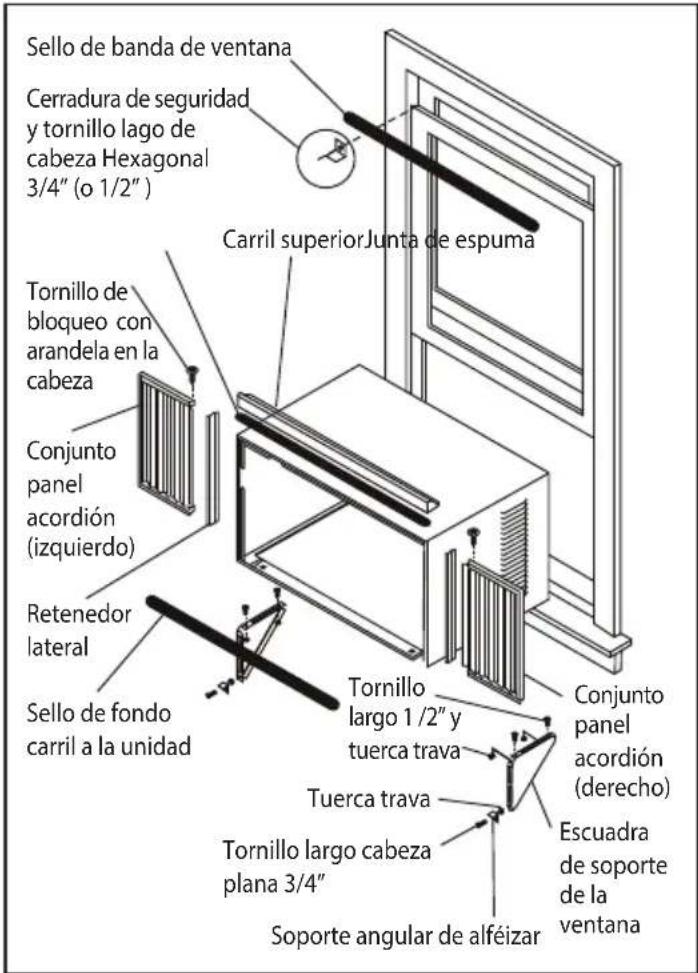 Sello de banda de ventana Cerradura de seguridad y tornillo lago de cabeza Hexagonal 3/4" (o 1/2") Carril superior Junta de espuma Tornillo de bloqueo con arandela en la cabeza Conjunto panel acordión (izquierdo) Retenedor lateral Sello de fondo carril a la unidad Tornillo largo 1/2" y tuerca trava Tuerca trava Tornillo largo cabeza plana 3/4" Soporte angular de alféizar Conjunto panel acordión (derecho) Escuadra de soporte de la ventana