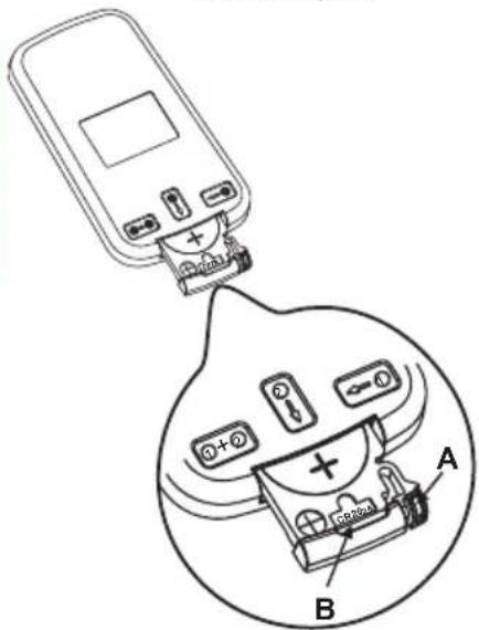 Diagram showing a mobile phone connected to a battery pack, with labeled components A and B indicating parts of the device.